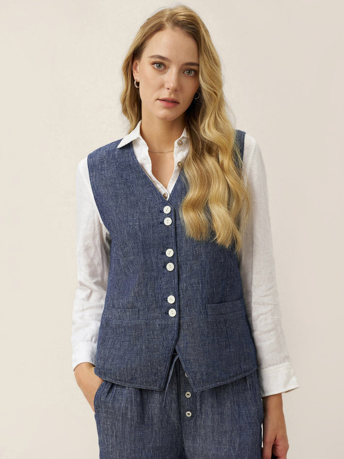 100% Linen Reversible Denim Texture Button Front Vest HARPER LINTICO