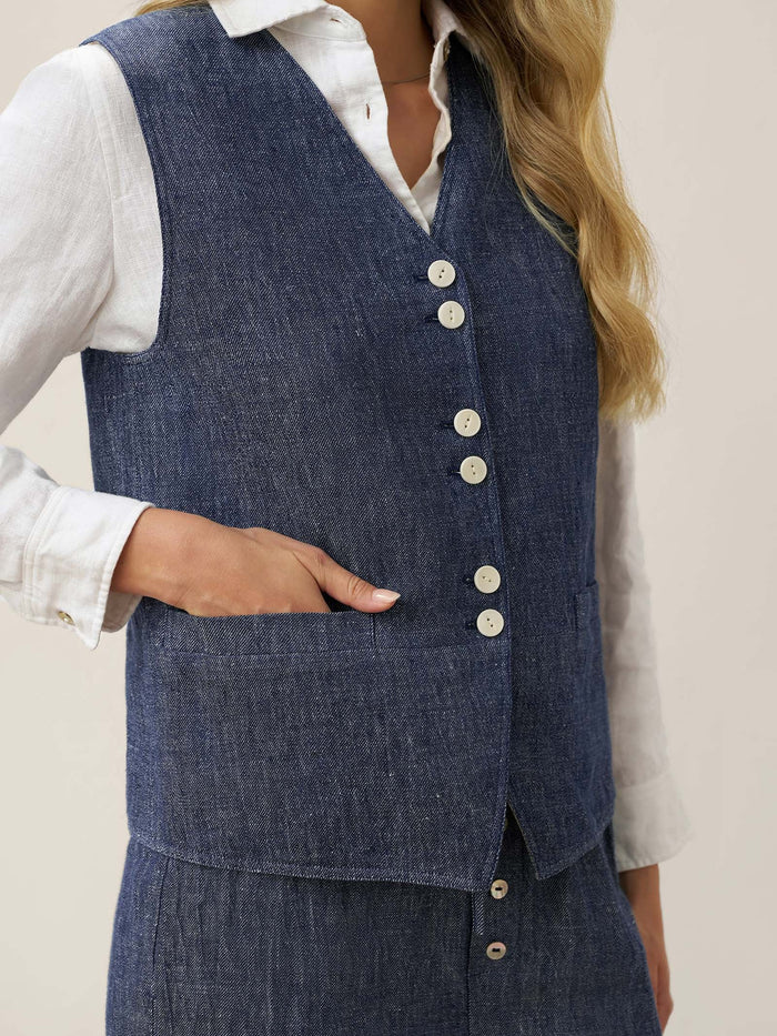 100% Linen Reversible Denim Texture Button Front Vest HARPER LINTICO