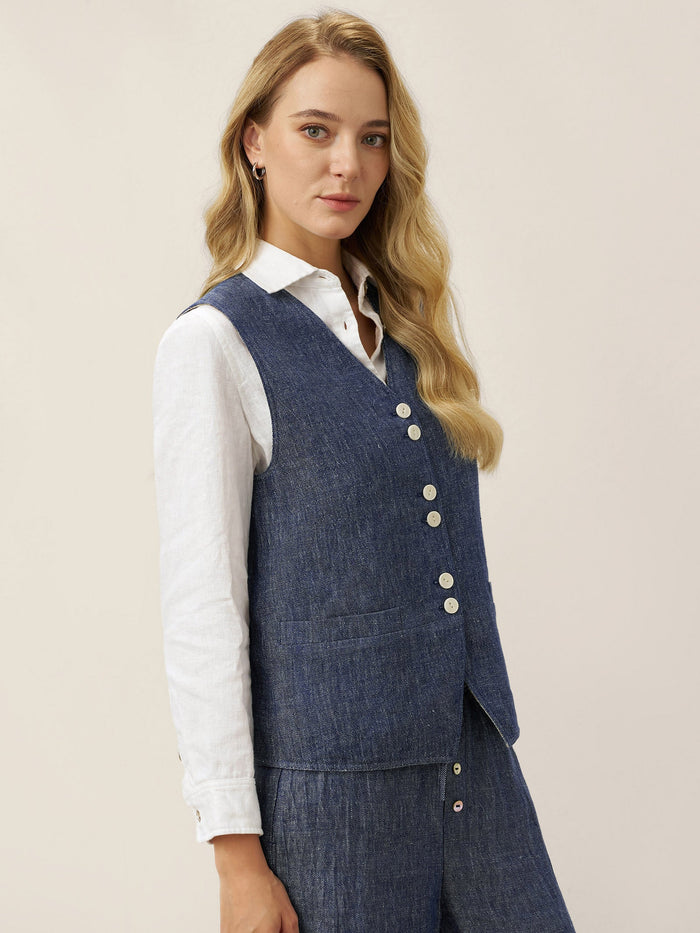 100% Linen Reversible Denim Texture Button Front Vest HARPER LINTICO