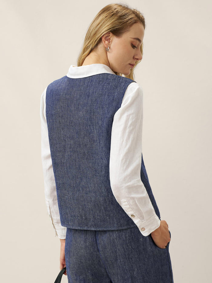 100% Linen Reversible Denim Texture Button Front Vest HARPER LINTICO