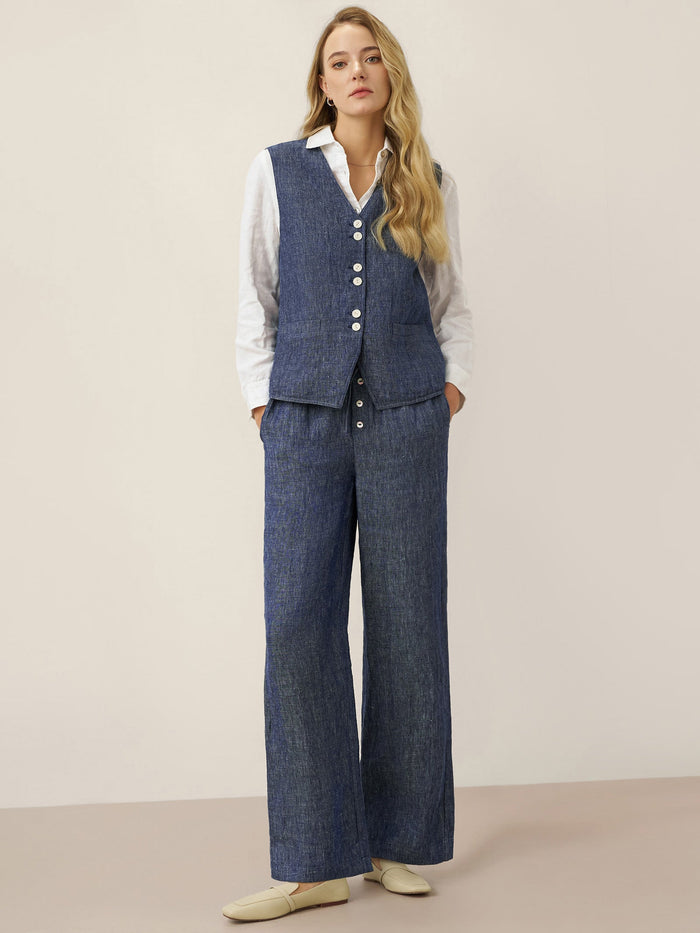 100% Linen Reversible Denim Texture Button Front Vest HARPER LINTICO