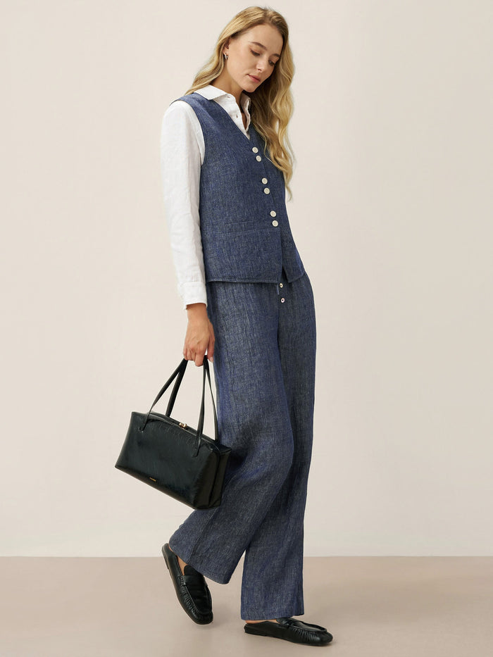 100% Linen Reversible Denim Texture Button Front Vest HARPER LINTICO