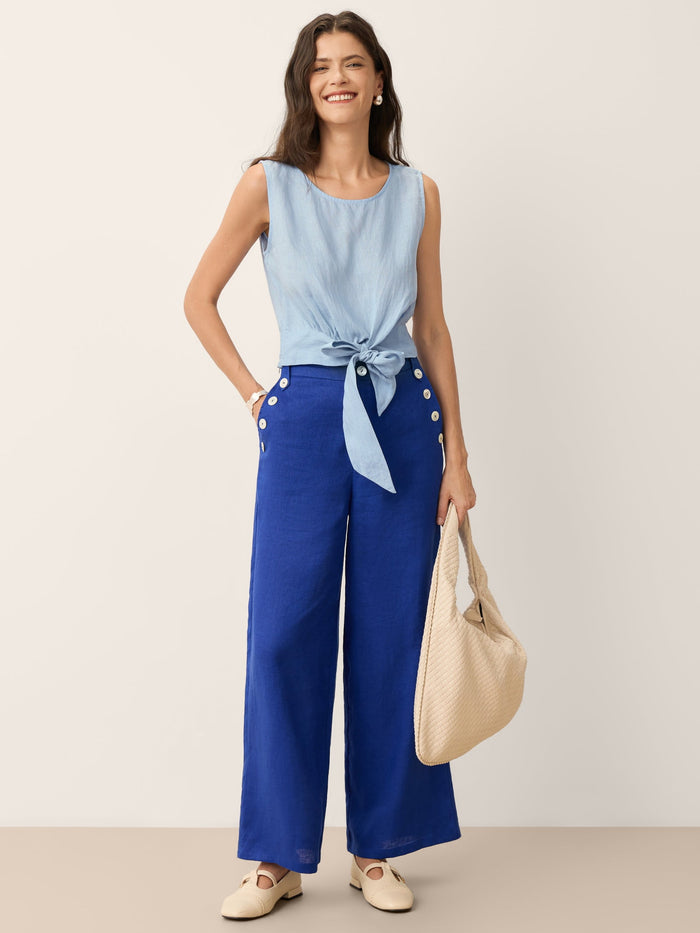 100% Linen Shell Button Elasticated Back Wide-Leg Pants IONE LINTICO