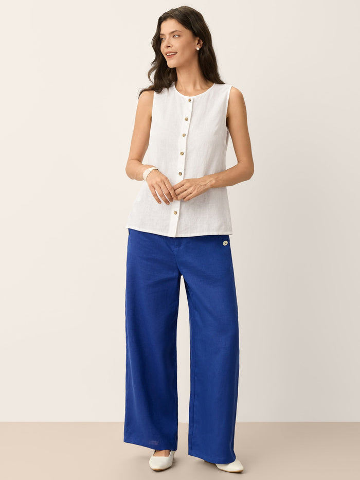 100% Linen Shell Button Elasticated Back Wide-Leg Pants IONE LINTICO