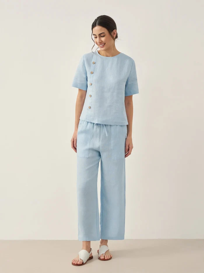 100% Linen Short-Sleeve Round Neck Button Detail Top & Pants Set JOSIE LINTICO