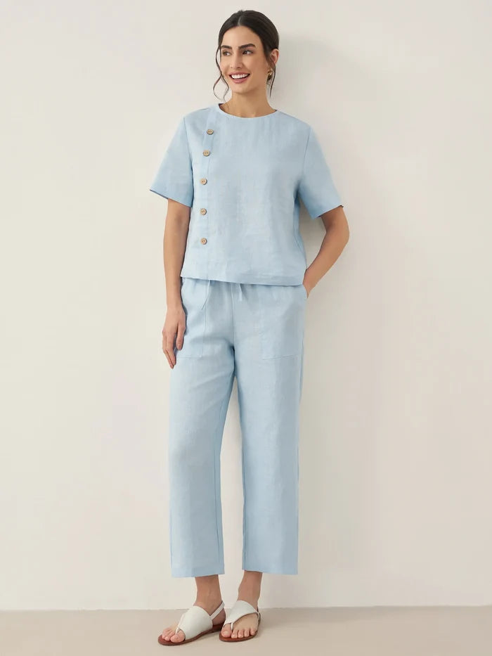 100% Linen Short-Sleeve Round Neck Button Detail Top & Pants Set JOSIE LINTICO