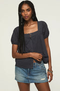 [147172-300] WOMENS LUCKY BRAND SHORT SLEEVE SQUARE NECK TOP - INDIA INK rubbersoled