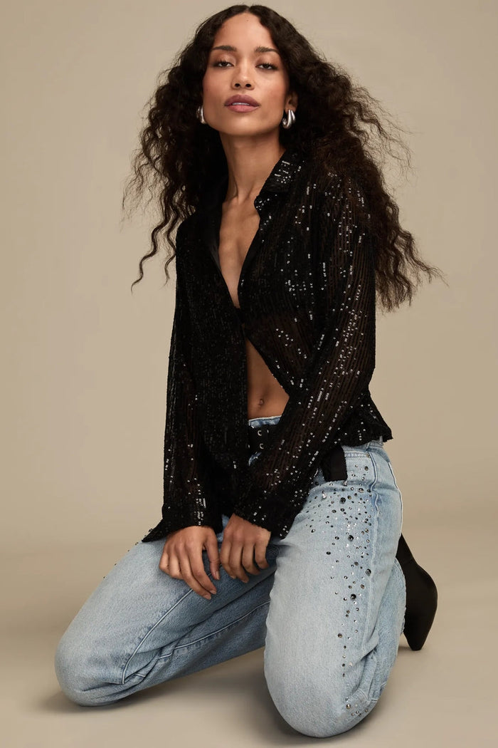 [154481-001] WOMENS LUCKY BRAND SEQUIN BUTTONDOWN SHIRT - CAVIAR rubbersoled