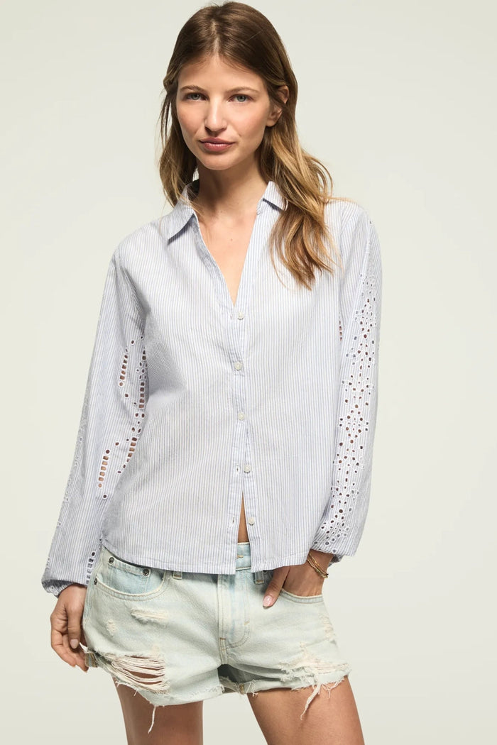 [157841-420] WOMENS LUCKY BRAND CUTWORK LONG SLEEVE BUTTON DOWN - BLUE STRIPE rubbersoled