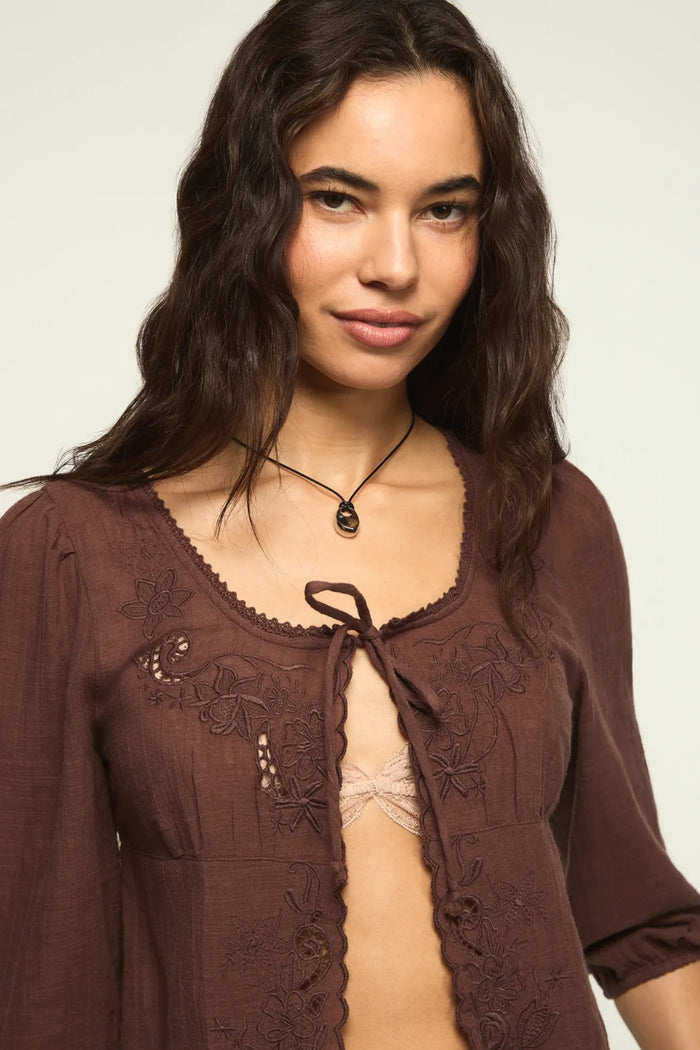 [157942-200] WOMENS LUCKY BRAND FESTIVAL CUTWORK FLYAWAY BLOUSE - FRENCH ROAST rubbersoled