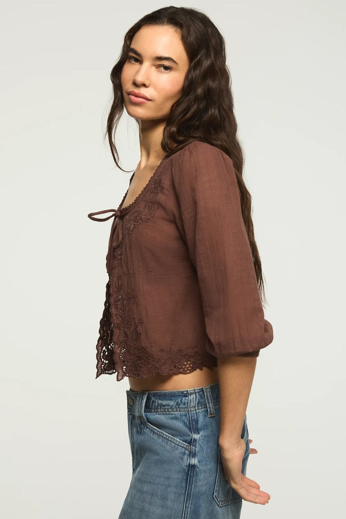 [157942-200] WOMENS LUCKY BRAND FESTIVAL CUTWORK FLYAWAY BLOUSE - FRENCH ROAST rubbersoled