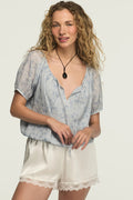 [157946-420] WOMENS LUCKY BRAND SHORT SLEEVE BUBBLE TOP - BLUE FLORAL rubbersoled