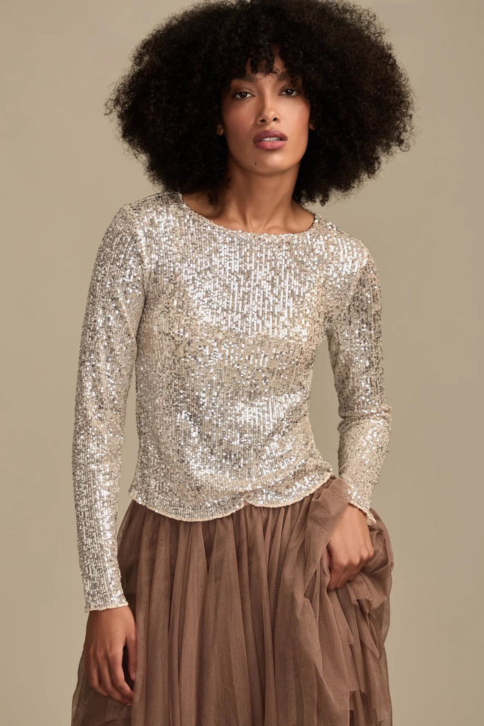 [160248-680] WOMENS LUCKY BRAND SEQUIN LONG SLEEVE TOP - CHAMPAGNE SEQUIN rubbersoled