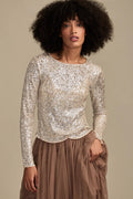 [160248-680] WOMENS LUCKY BRAND SEQUIN LONG SLEEVE TOP - CHAMPAGNE SEQUIN rubbersoled