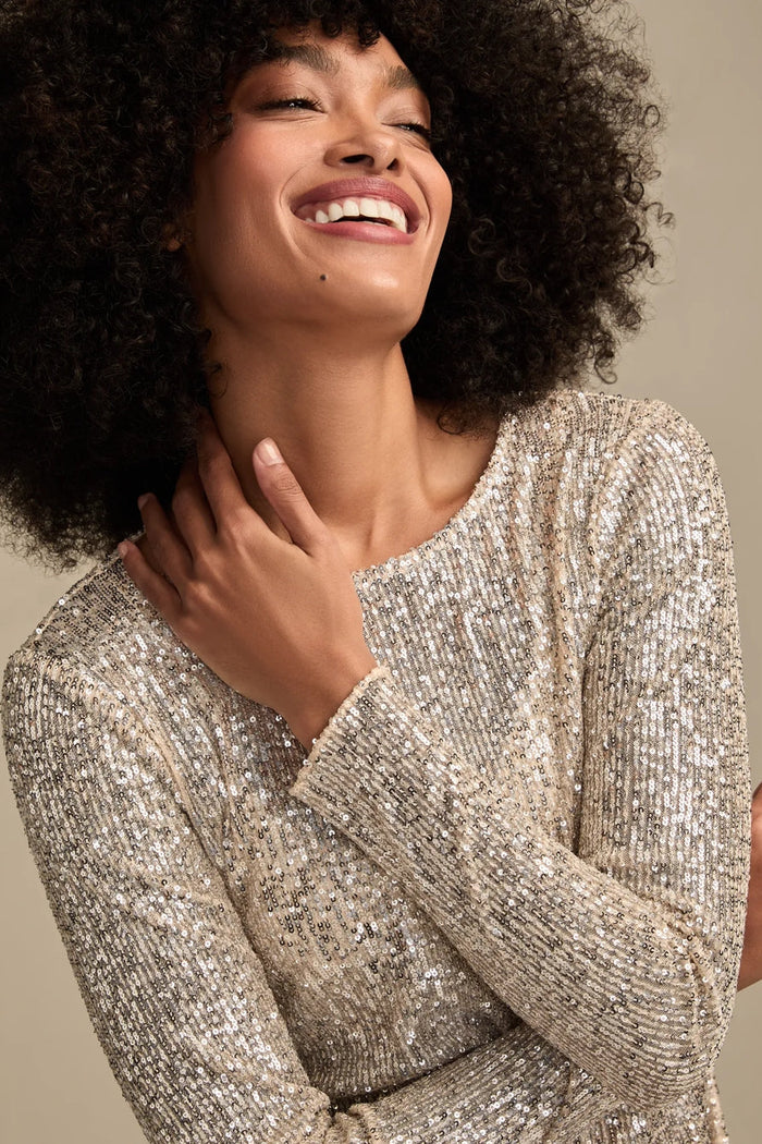 [160248-680] WOMENS LUCKY BRAND SEQUIN LONG SLEEVE TOP - CHAMPAGNE SEQUIN rubbersoled