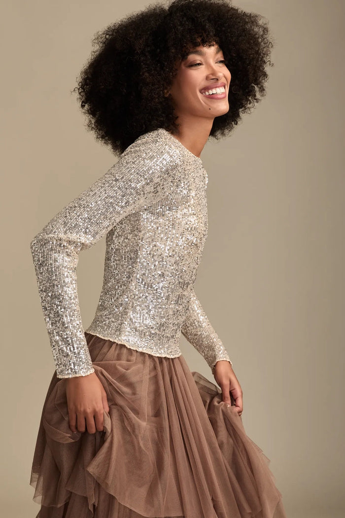 [160248-680] WOMENS LUCKY BRAND SEQUIN LONG SLEEVE TOP - CHAMPAGNE SEQUIN rubbersoled