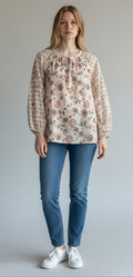 [161655-690] WOMENS LUCKY BRAND NOTCH NECK BLOUSE - PINK MULTI rubbersoled