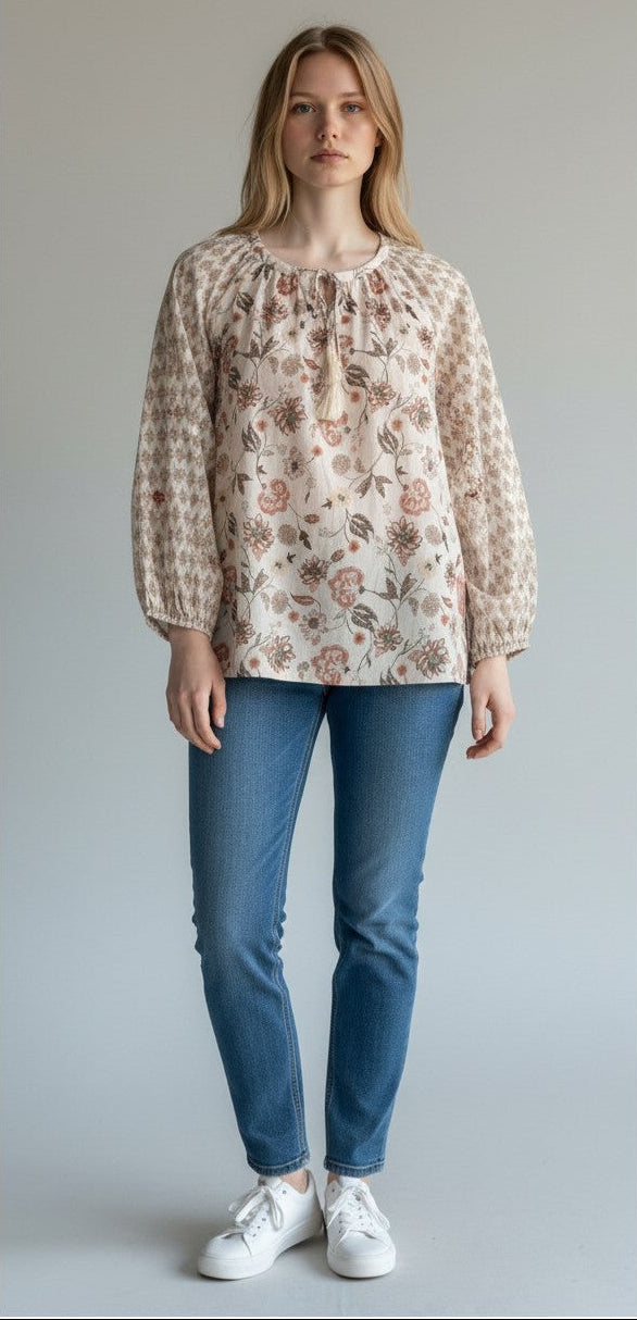 [161655-690] WOMENS LUCKY BRAND NOTCH NECK BLOUSE - PINK MULTI rubbersoled