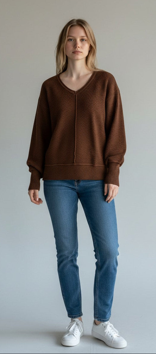 [163381-249] WOMENS LUCKY BRAND L/S SOLID TEXTURED V NK (5GG) - CHICORY COFFEE rubbersoled