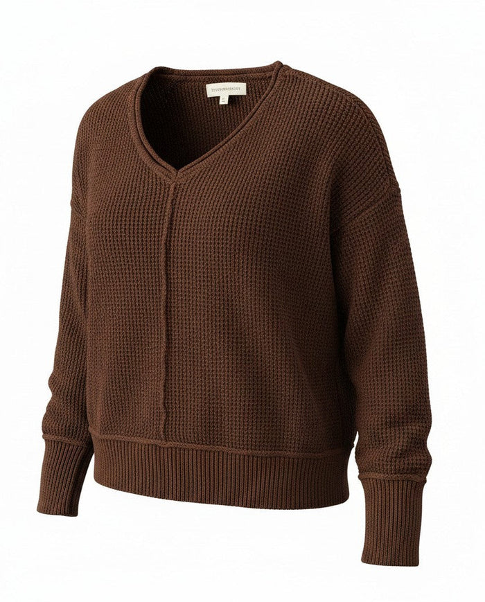 [163381-249] WOMENS LUCKY BRAND L/S SOLID TEXTURED V NK (5GG) - CHICORY COFFEE rubbersoled