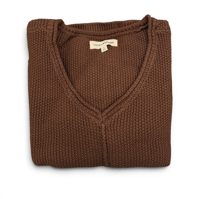 [163381-249] WOMENS LUCKY BRAND L/S SOLID TEXTURED V NK (5GG) - CHICORY COFFEE rubbersoled