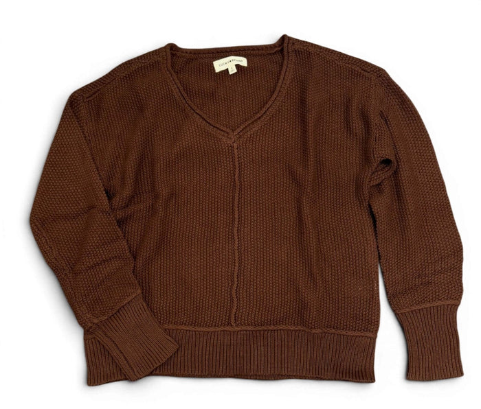 [163381-249] WOMENS LUCKY BRAND L/S SOLID TEXTURED V NK (5GG) - CHICORY COFFEE rubbersoled