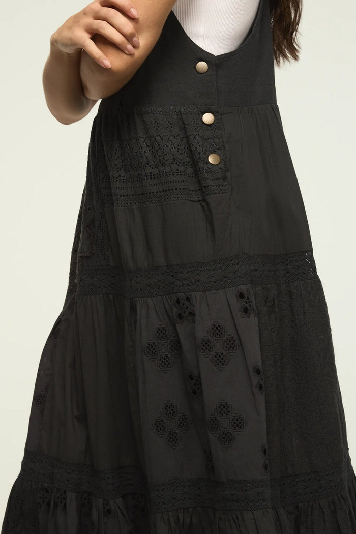 [167315-001] WOMENS LUCKY BRAND CUTWORK OVERALL MAXI DRESS - RAVEN rubbersoled