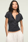 [167405-410] WOMENS LUCKY BRAND CROCHET TRIM SHORT SLEEVE HENLEY - INDIA INK rubbersoled