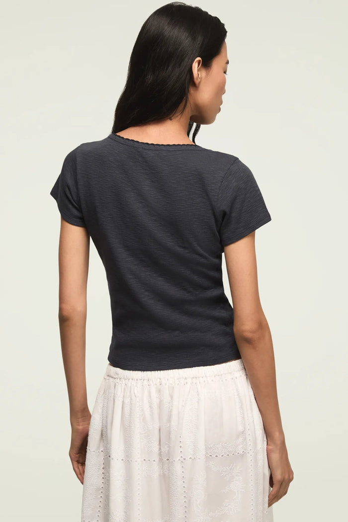 [167405-410] WOMENS LUCKY BRAND CROCHET TRIM SHORT SLEEVE HENLEY - INDIA INK rubbersoled