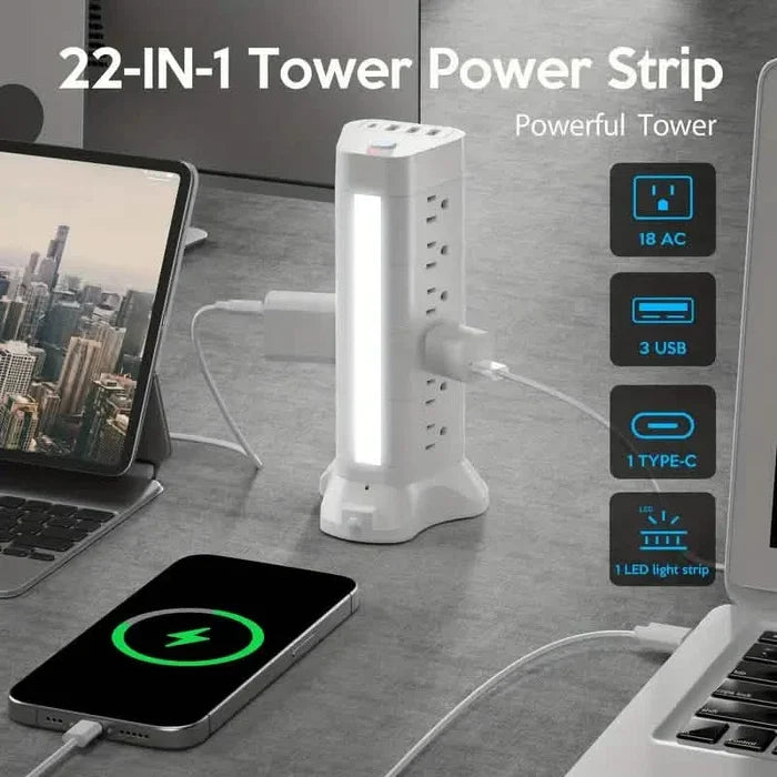 22-in-1 Power Strip Tower with 4 USB Ports & 9 AC Outlets, 10ft Extension Cable, 3-Color Night Light DailySale