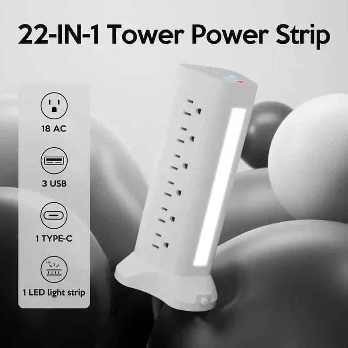 22-in-1 Power Strip Tower with 4 USB Ports & 9 AC Outlets, 10ft Extension Cable, 3-Color Night Light DailySale