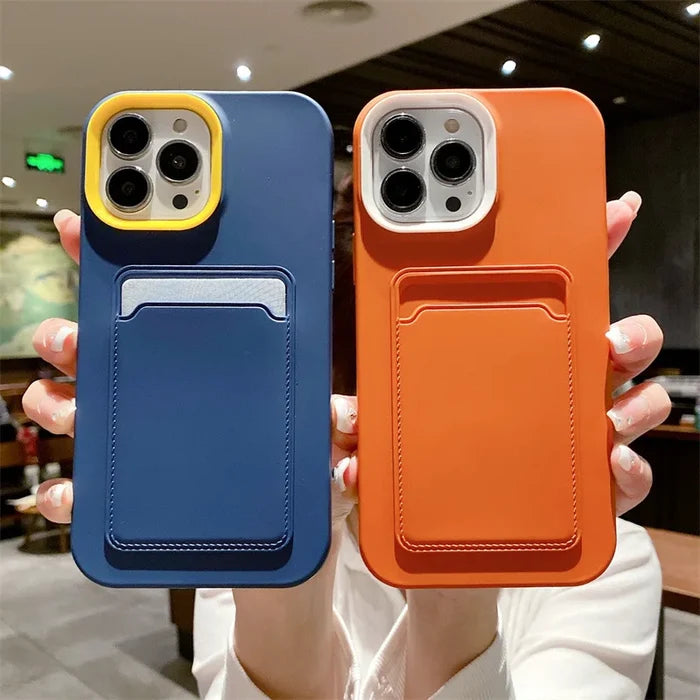 3 in 1 Card Holder Wallet Solid Color Skin Feel Phone Case For iPhone PhoneShells
