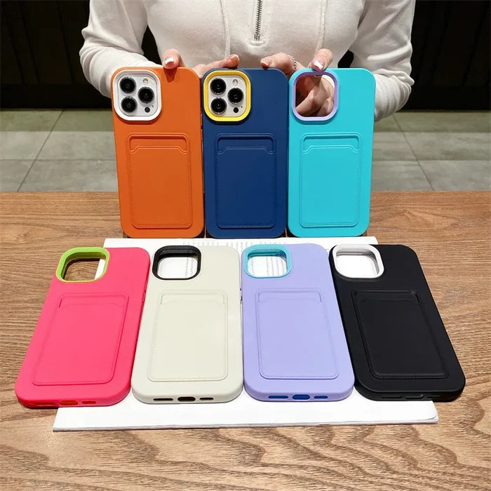 3 in 1 Card Holder Wallet Solid Color Skin Feel Phone Case For iPhone PhoneShells