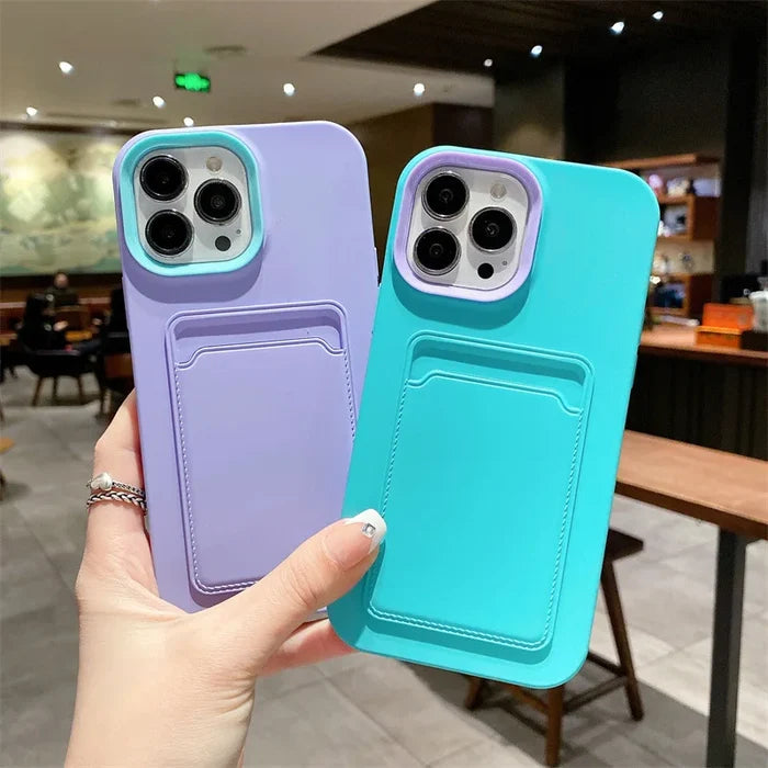 3 in 1 Card Holder Wallet Solid Color Skin Feel Phone Case For iPhone PhoneShells