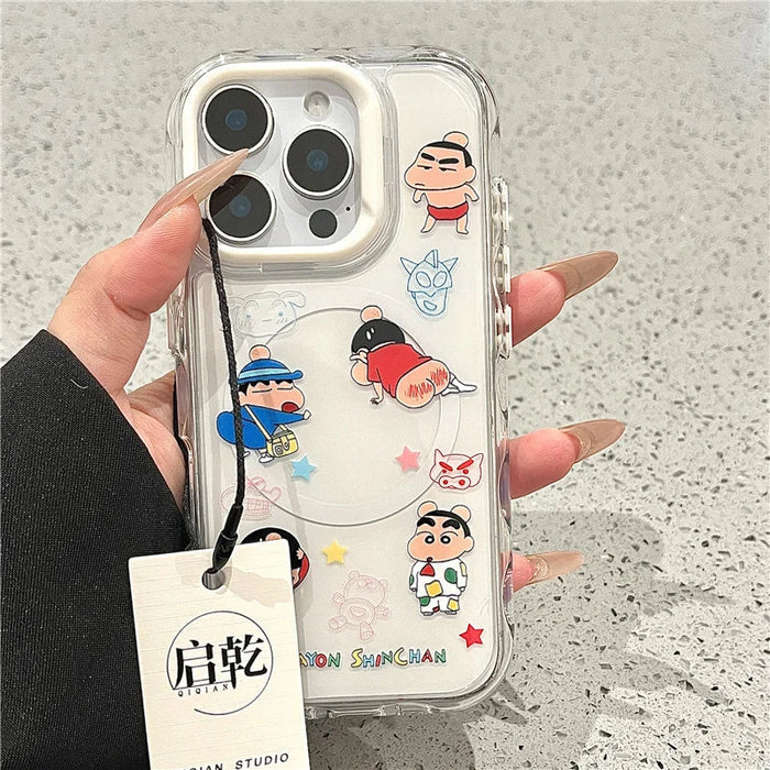 3D Anime Cute Couple Funny Crayon Shin-chan Magsafe Wireless Charge Case For iPhone PhoneShells