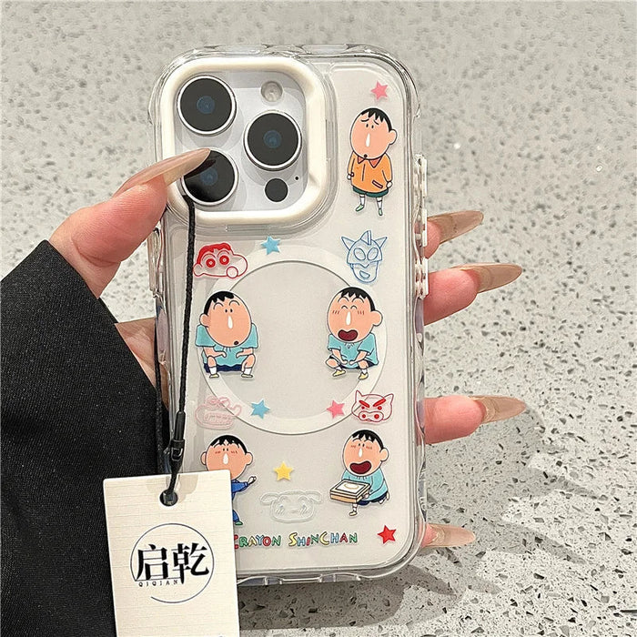3D Anime Cute Couple Funny Crayon Shin-chan Magsafe Wireless Charge Case For iPhone PhoneShells