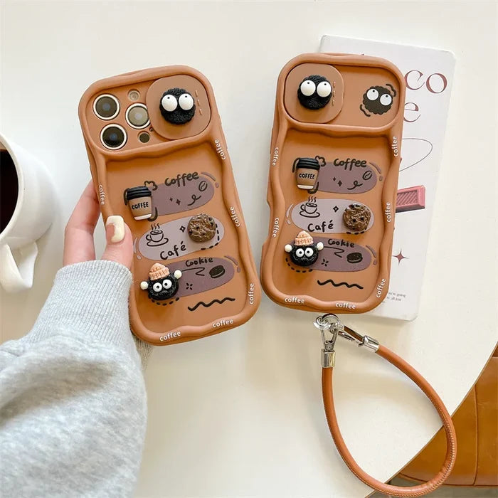 3D Cartoon Coffee With Wrist Strap Phone Case For iPhone PhoneShells