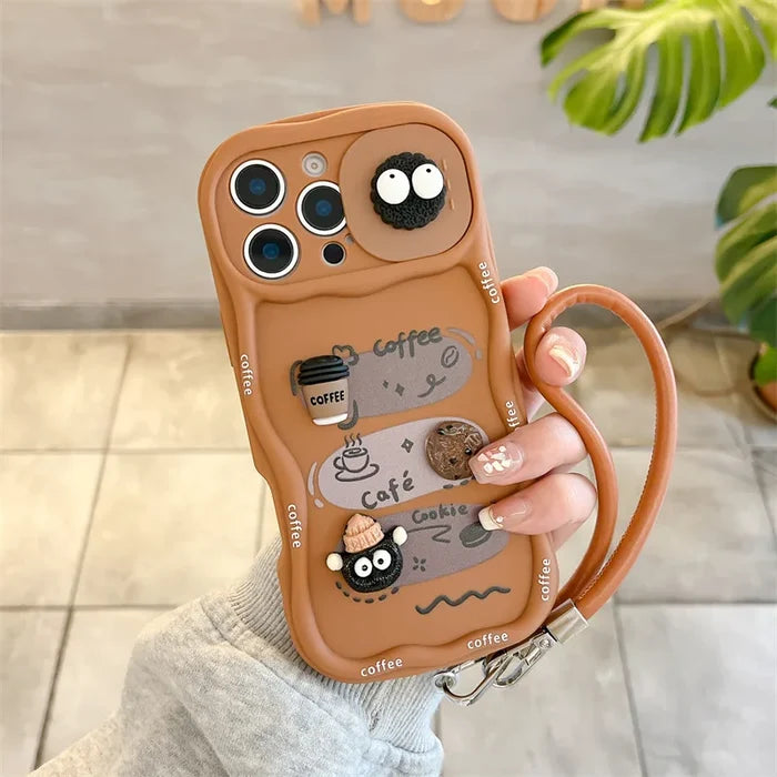 3D Cartoon Coffee With Wrist Strap Phone Case For iPhone PhoneShells