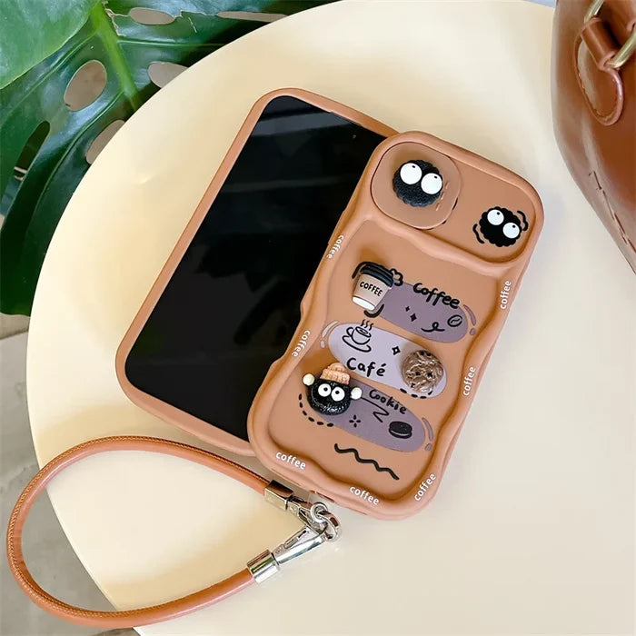3D Cartoon Coffee With Wrist Strap Phone Case For iPhone PhoneShells