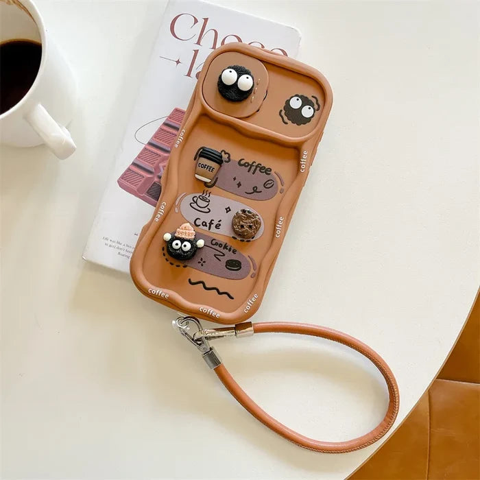 3D Cartoon Coffee With Wrist Strap Phone Case For iPhone PhoneShells