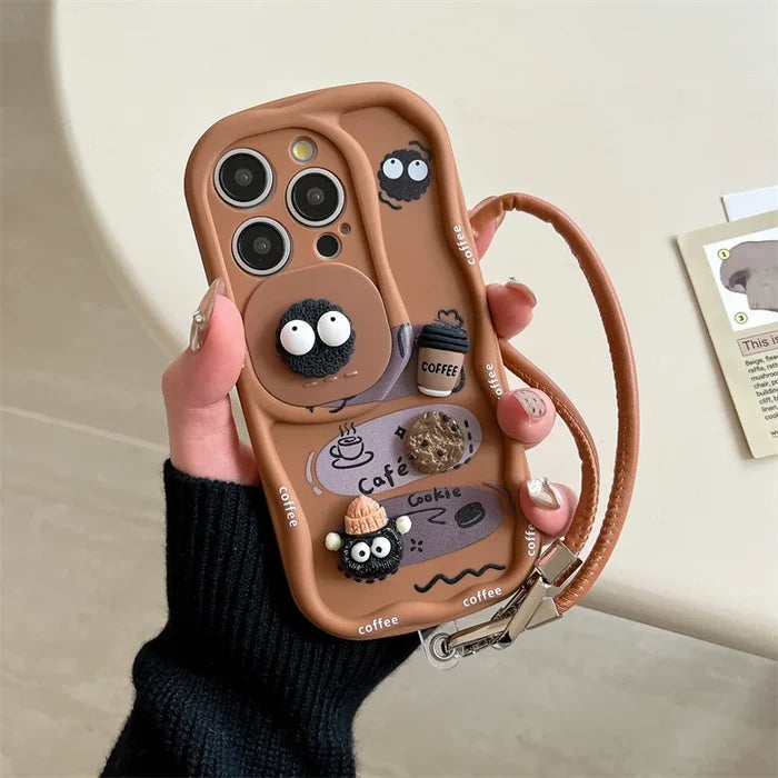 3D Cartoon Coffee With Wrist Strap Phone Case For iPhone PhoneShells