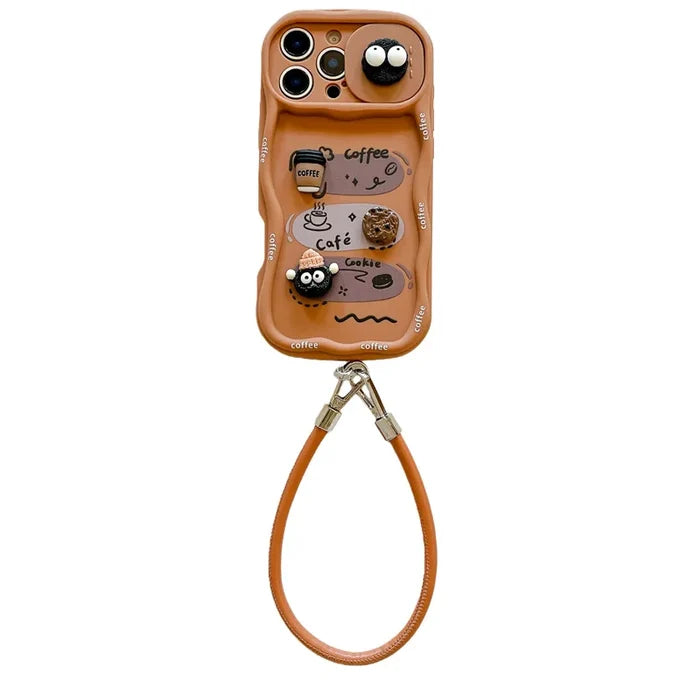 3D Cartoon Coffee With Wrist Strap Phone Case For iPhone PhoneShells