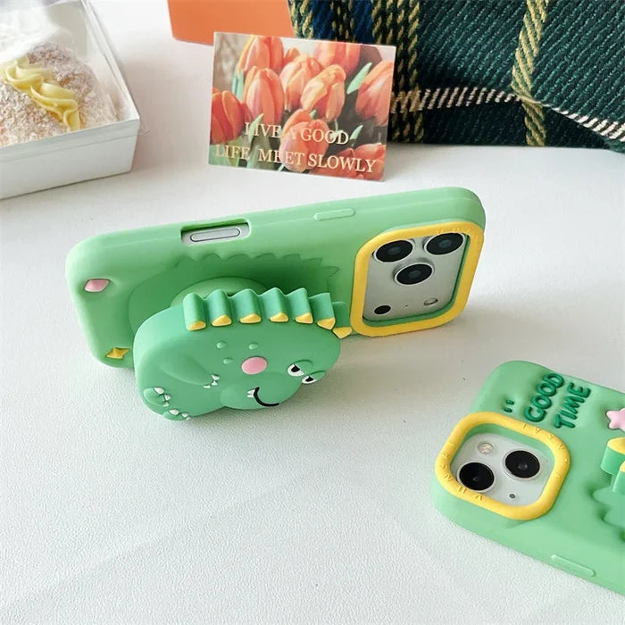 3D Cartoon Dinosaur Telescopic Bracket Soft Silicone Phone Case For iPhone PhoneShells