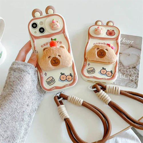3D Cartoon Kapibala Sliding Push-Pull Camera Phone Case for iPhone PhoneShells