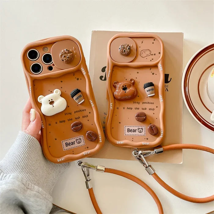 3D Coffee Cartoon Bear Phone Case With Wrist Strap For iPhone PhoneShells