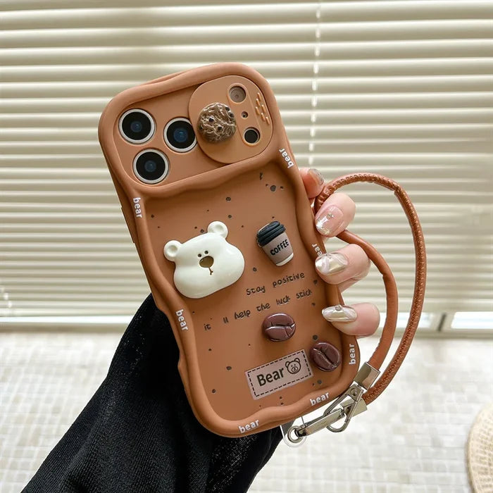 3D Coffee Cartoon Bear Phone Case With Wrist Strap For iPhone PhoneShells