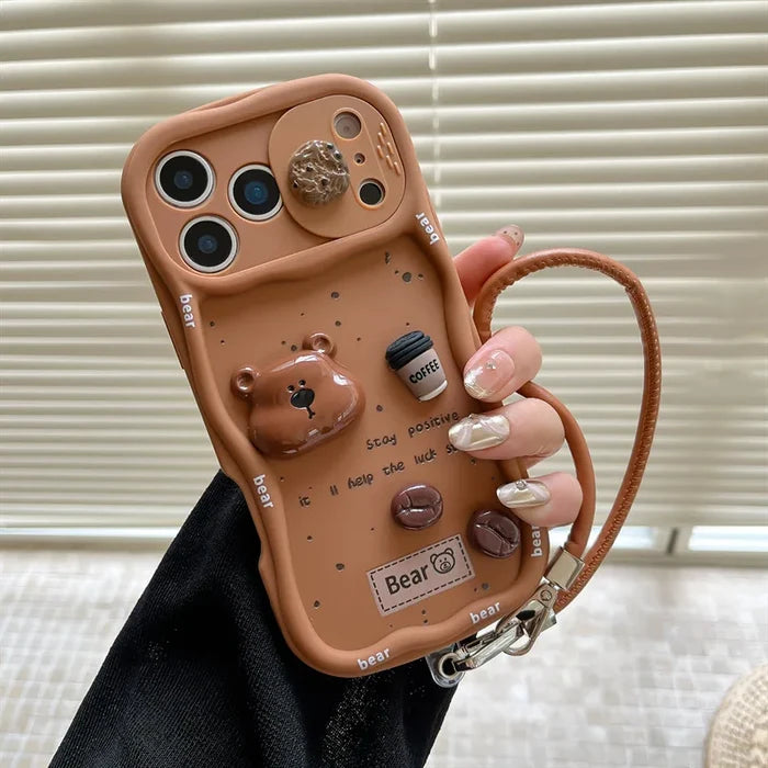 3D Coffee Cartoon Bear Phone Case With Wrist Strap For iPhone PhoneShells