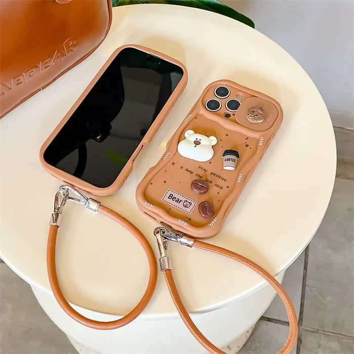 3D Coffee Cartoon Bear Phone Case With Wrist Strap For iPhone PhoneShells