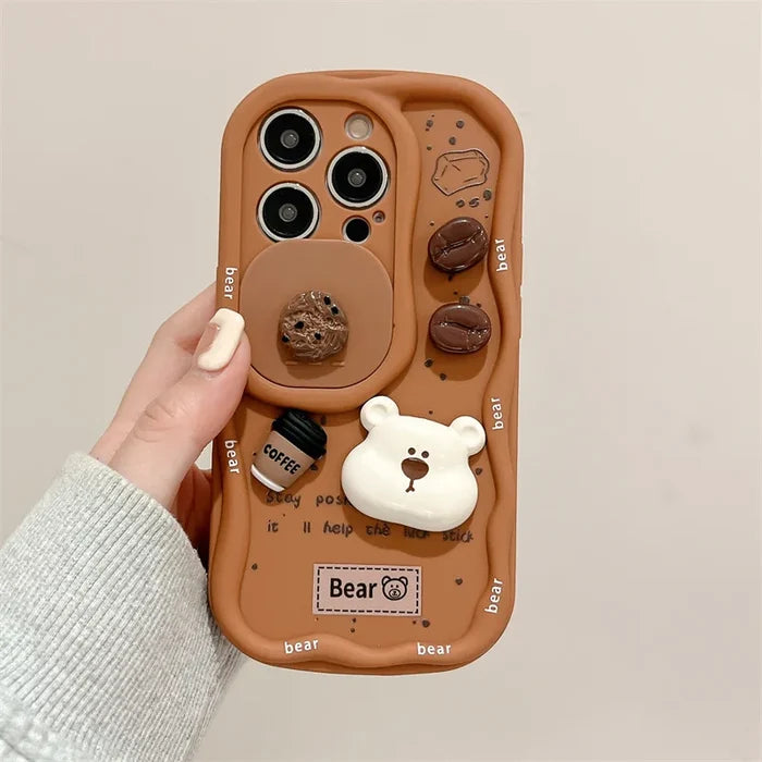 3D Coffee Cartoon Bear Phone Case With Wrist Strap For iPhone PhoneShells