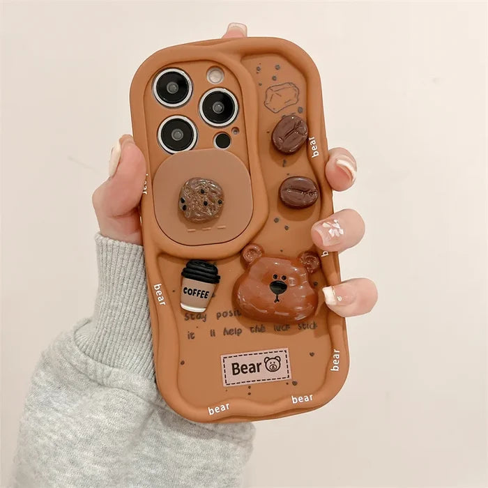 3D Coffee Cartoon Bear Phone Case With Wrist Strap For iPhone PhoneShells